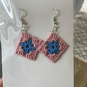 Cute Crochet Earrings Handmade Tiny Granny Square Pink Blue Cotton Unique Boho